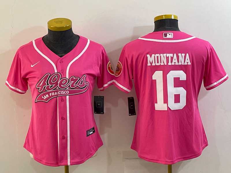 Womens San Francisco 49ers #16 Joe Montana Pink With Patch Cool Base Stitched Baseball Jersey->women nfl jersey->Women Jersey